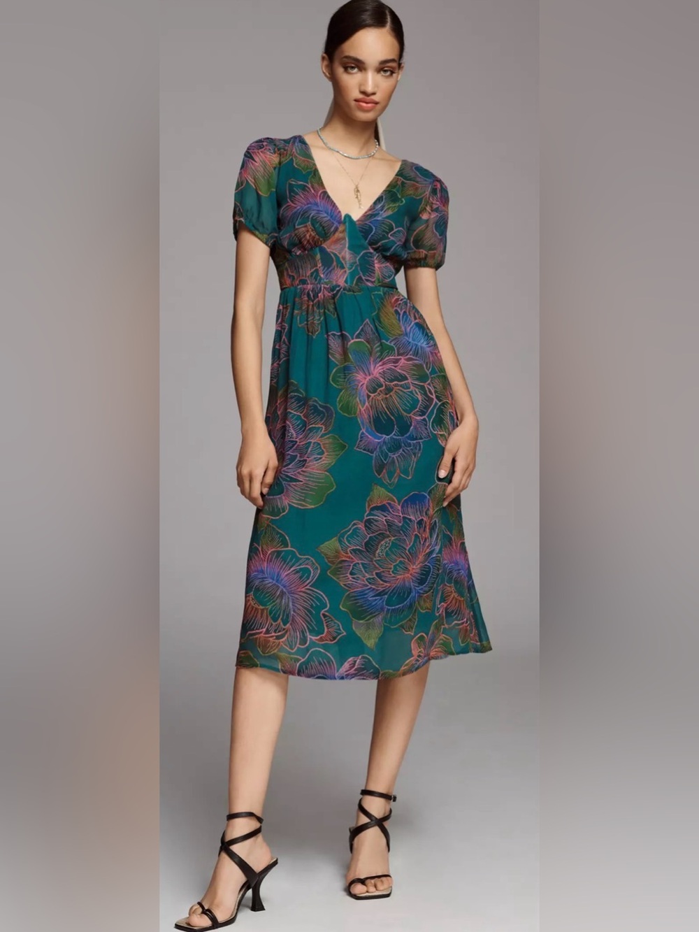 Anthropologie Teal Floral Midi Dress with Multicolor Bloom Print